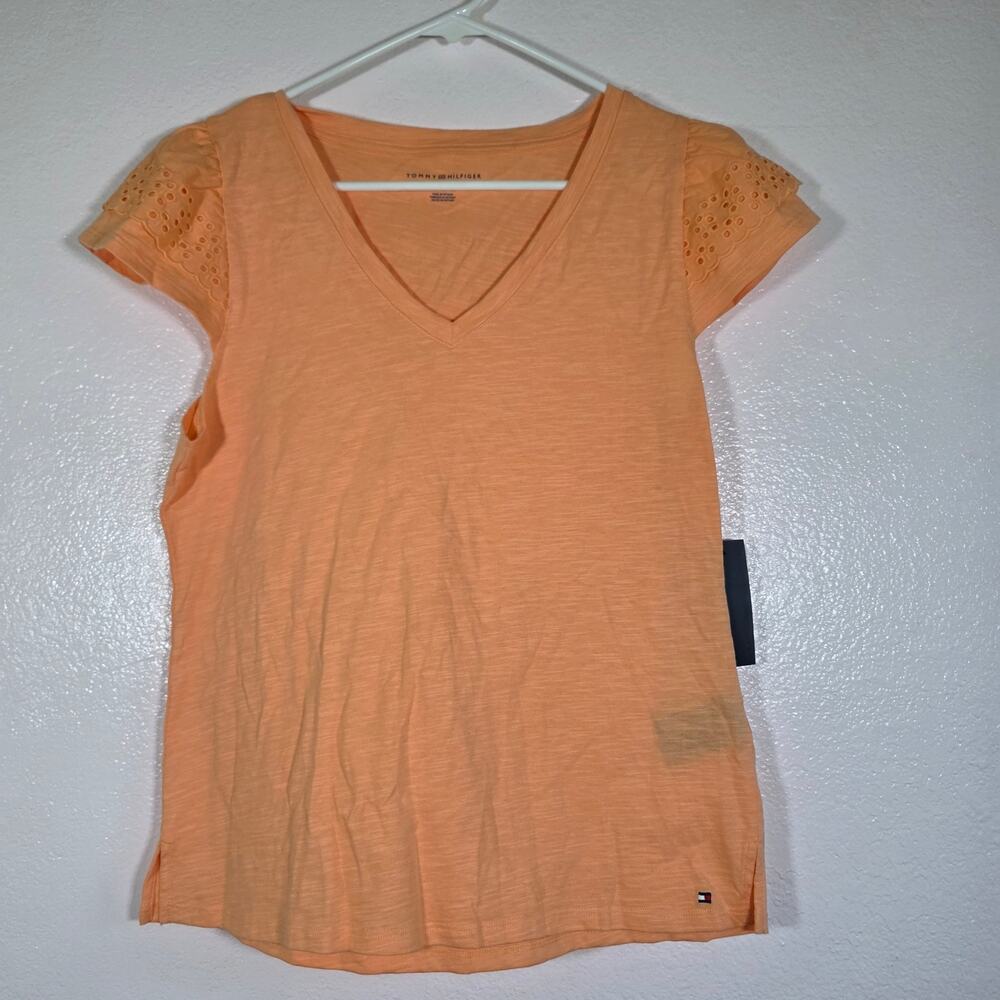 Tommy Hilfiger Peach Eyelet Sleeve V-Neck Cotton Tee Womens Size M
